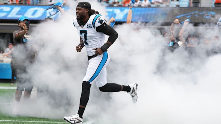 CHARLOTTE, NORTH CAROLINA - SEPTEMBER 29: Jadeveon Clowney #7 of the Carolina Panthers is introduced during the game against the Cincinnati Bengals at Bank of America Stadium on September 29, 2024 in Charlotte, North Carolina. CHARLOTTE, NORTH CAROLINA - SEPTEMBER 29: Jadeveon Clowney #7 of the Carolina Panthers is introduced during the game against the Cincinnati Bengals at Bank of America Stadium on September 29, 2024 in Charlotte, North Carolina.