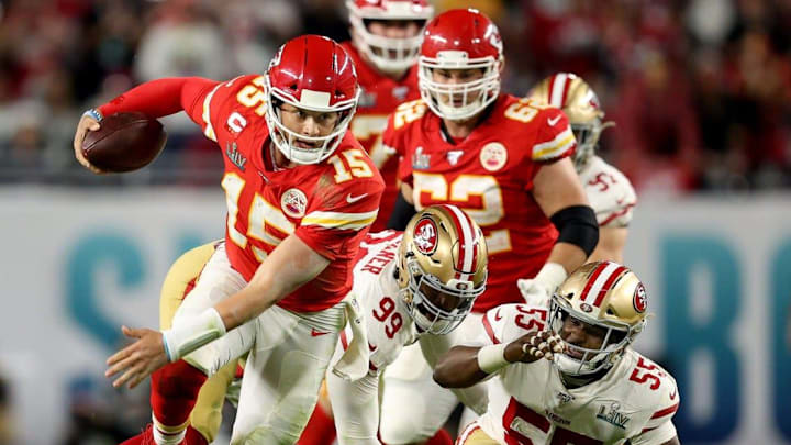 Kansas City Chiefs quarterback Patrick Mahomes breaks off a run after escaping from San Francisco 49ers defensive tackle DeForest Buckner and defensive end Dee Ford during the fourth quarter of Super Bowl LIV at Hard Rock Stadium in Miami Gardens, on Feb. 2, 2020. Kansas City Chiefs quarterback Patrick Mahomes breaks off a run after escaping from San Francisco 49ers defensive tackle DeForest Buckner and defensive end Dee Ford during the fourth quarter of Super Bowl LIV at Hard Rock Stadium in Miami Gardens, on Feb. 2, 2020.