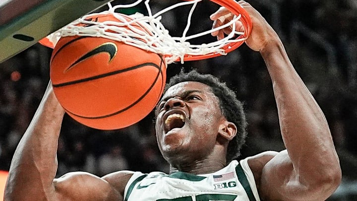 Michigan State forward Coen Carr (55) dunks against Bowling Green during the second half at Breslin Center in East Lansing on Saturday, Nov. 16, 2024. Michigan State forward Coen Carr (55) dunks against Bowling Green during the second half at Breslin Center in East Lansing on Saturday, Nov. 16, 2024.