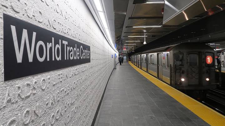 The modern WTC Cortlandt subway station today. Deep within the surrounding transit complex, a single corridor from the original 1970s World Trade Center concourse still survives.