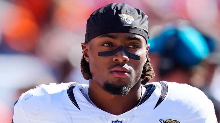 Sep 20, 2026; Denver, Colorado, USA;  Jacksonville Jaguars running back LeQuint Allen Jr. (5) on the sidelines at Empower Field at Mile High.  Mandatory Credit: Ron Chenoy-Imagn Images