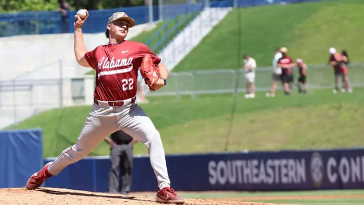 Alabama Baseball Player Braylon Myers (22) pitches the ball during the 2025 SEC Baseball Tournament versus Tennessee at Hoover Met in Hoover, AL on Wednesday, May 21, 2025. Alabama Baseball Player Braylon Myers (22) pitches the ball during the 2025 SEC Baseball Tournament versus Tennessee at Hoover Met in Hoover, AL on Wednesday, May 21, 2025.
