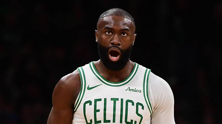 Feb 27, 2026; Boston, Massachusetts, USA; Boston Celtics guard Jaylen Brown (7) reacts after making a during the first half against the Brooklyn Nets at TD Garden. Mandatory Credit: Bob DeChiara-Imagn Images