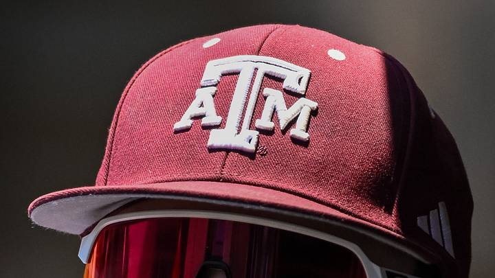 Jun 8, 2024; College Station, TX, USA; A detailed view of a Texas A&M baseball cap worn during the game against the Oregon at Olsen Field, Blue Bell Park. Jun 8, 2024; College Station, TX, USA; A detailed view of a Texas A&M baseball cap worn during the game against the Oregon at Olsen Field, Blue Bell Park.