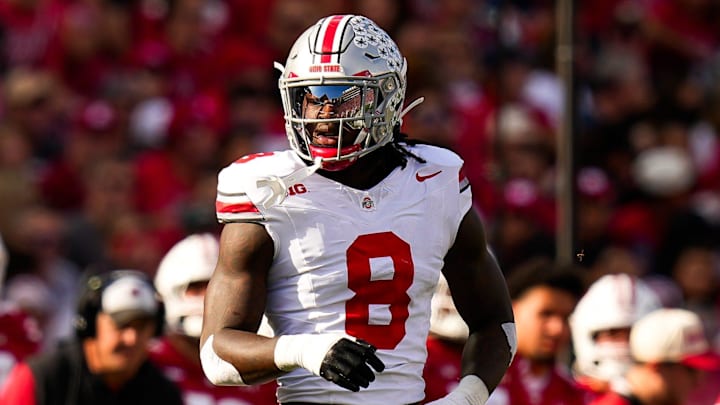 Ohio State Buckeyes linebacker Arvell Reese (8) reacts during the game against the Wisconsin Badgers at Camp Randall Stadium on Saturday, Oct. 18, 2025 in Madison, Wisconsin.