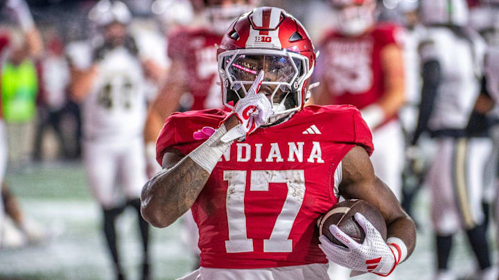 Indiana's Ty Son Lawton (17) celebrates a touchdown during the Indiana versus Purdue football game at Memorial Stadium on Saturday, Nov. 30, 2024.
