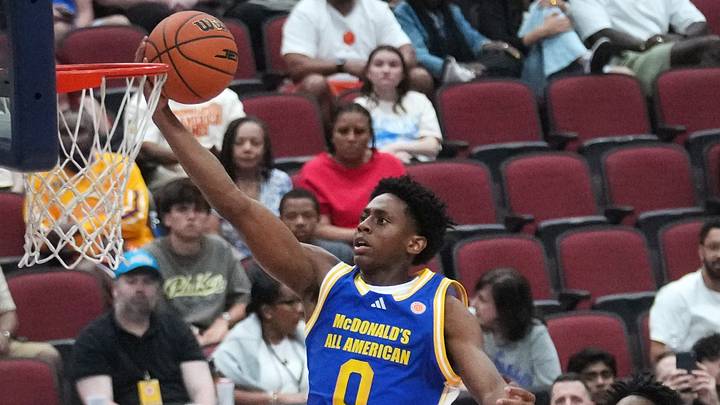 Brandon McCoy Jr. (0) lays the ball up during the McDonald's All-American boys high school basketball game featuring all of the top seniors in the country at Desert Diamond Arena in Glendale, on March 31, 2026. Brandon McCoy Jr. (0) lays the ball up during the McDonald's All-American boys high school basketball game featuring all of the top seniors in the country at Desert Diamond Arena in Glendale, on March 31, 2026.