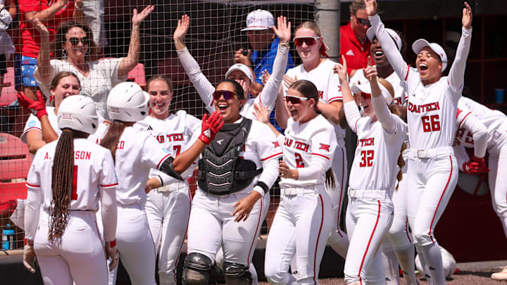 Texas Tech players react to Lauren Allred's home run against Mississippi State to end a game in the Lubbock Regional of the 2025 NCAA softball tournament, Saturday, May 17, 2025, at Rocky Johnson Field.