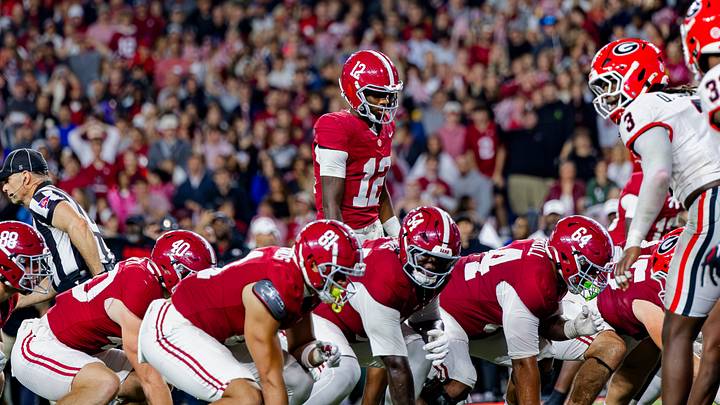 Alabama quarterback Keelon Russell lines up to take a snap in the first half of the game against Georgia on Oct 10, 2026. Alabama quarterback Keelon Russell lines up to take a snap in the first half of the game against Georgia on Oct 10, 2026.