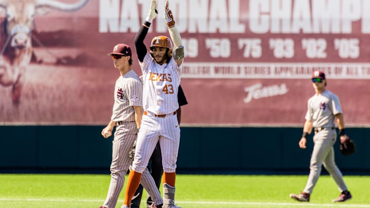 Texas junior outfielder Aiden Robbins chants after hitting a double in the fifth inning against Mississippi State on May 2, 2026, at UFCU Disch-Falk Field in Austin, Texas. 