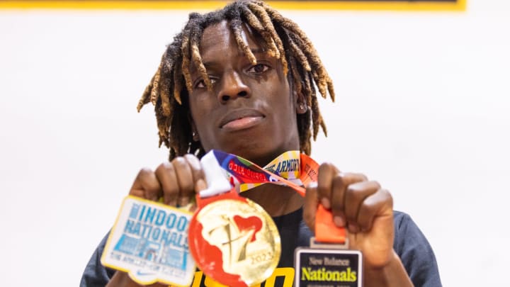 Missouri Track and Field sophomore Sterling Scott poses with his medals that he has won over the past two years. Missouri Track and Field sophomore Sterling Scott poses with his medals that he has won over the past two years.