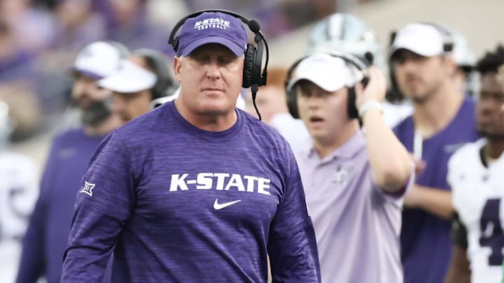 Nov 2, 2024; Houston, Texas, USA; Kansas State Wildcats head coach Chris Klieman walks the sidelines against the Houston Cougars in the first quarter at TDECU Stadium. Mandatory Credit: Thomas B. Shea-Imagn Images Nov 2, 2024; Houston, Texas, USA; Kansas State Wildcats head coach Chris Klieman walks the sidelines against the Houston Cougars in the first quarter at TDECU Stadium. Mandatory Credit: Thomas B. Shea-Imagn Images