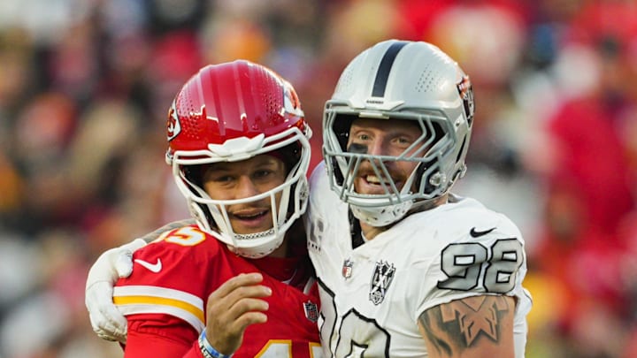 Nov 29, 2024; Kansas City, Missouri, USA; Kansas City Chiefs quarterback Patrick Mahomes (15) and Las Vegas Raiders defensive end Maxx Crosby (98) embrace during the second half at GEHA Field at Arrowhead Stadium. Mandatory Credit: Jay Biggerstaff-Imagn Images Nov 29, 2024; Kansas City, Missouri, USA; Kansas City Chiefs quarterback Patrick Mahomes (15) and Las Vegas Raiders defensive end Maxx Crosby (98) embrace during the second half at GEHA Field at Arrowhead Stadium. Mandatory Credit: Jay Biggerstaff-Imagn Images