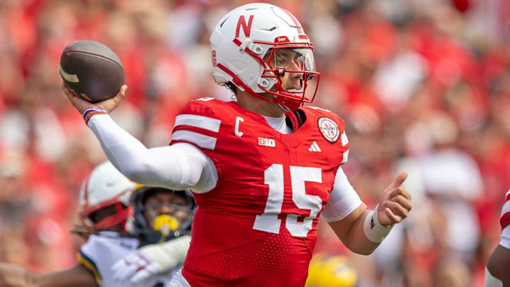 Nebraska quarterback Dylan Raiola fires a 7-yard pass to wide receiver Jacory Barney Jr.  during the first quarter against Michigan.