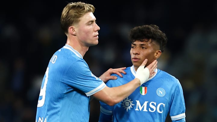 Rasmus Hojlund of SSC Napoli greets Alisson Santos during Rasmus Hojlund of SSC Napoli greets Alisson Santos during