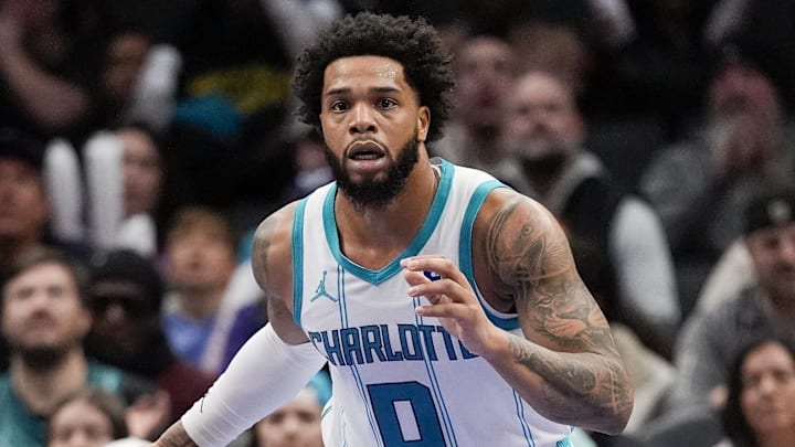 Feb 2, 2026; Charlotte, North Carolina, USA; Charlotte Hornets forward Miles Bridges (0) brings the ball up court during the second half against the New Orleans Pelicans at the Spectrum Center. Mandatory Credit: Jim Dedmon-Imagn Images