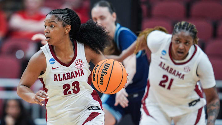 Alabama Crimson Tide guard Jessica Timmons (23) drives up the court during the game against Rhode Island at the 2026 NCAA Women's March Madness basketball tournament at the KFC Yum Center In Louisville, Kentucky. March 21, 2026. Alabama Crimson Tide guard Jessica Timmons (23) drives up the court during the game against Rhode Island at the 2026 NCAA Women's March Madness basketball tournament at the KFC Yum Center In Louisville, Kentucky. March 21, 2026.