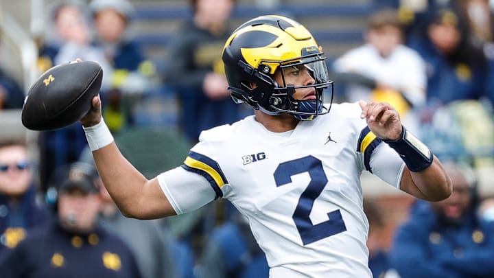 Maize Team quarterbacks Jadyn Davis makes a pass against Blue Team during the first half of spring game at Michigan Stadium in Ann Arbor on Saturday, April 20, 2024.