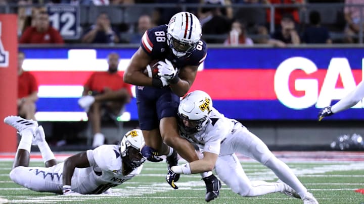 Sep 2, 2023; Tucson, Arizona, USA; Arizona Wildcats tight end Keyan Burnett (88) runs the ball against the Northern Arizona Lumberjacks during the first half at Arizona Stadium. 
