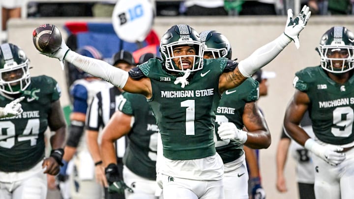 Michigan State's Nikai Martinez celebrates his interception against Florida Atlantic during the second quarter on Friday, Aug. 30, 2024, at Spartan Stadium in East Lansing. Michigan State's Nikai Martinez celebrates his interception against Florida Atlantic during the second quarter on Friday, Aug. 30, 2024, at Spartan Stadium in East Lansing.