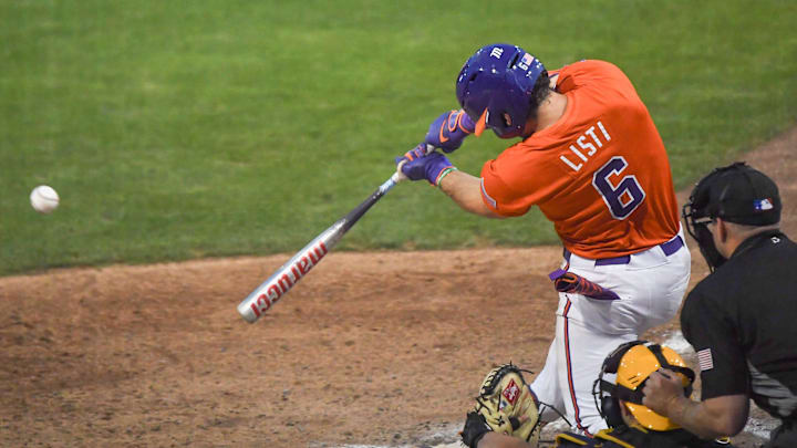 Clemson outfielder Dominic Listi (6) hits during the bottom of the seventh inning at the NCAA baseball Clemson Regional at Doug Kingsmore Stadium in Clemson, S.C. Saturday, May 31, 2025. Clemson outfielder Dominic Listi (6) hits during the bottom of the seventh inning at the NCAA baseball Clemson Regional at Doug Kingsmore Stadium in Clemson, S.C. Saturday, May 31, 2025.