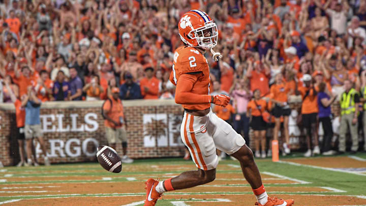 Sep 16, 2023; Clemson, South Carolina; Clemson cornerback Nate Wiggins (2) returns an interception