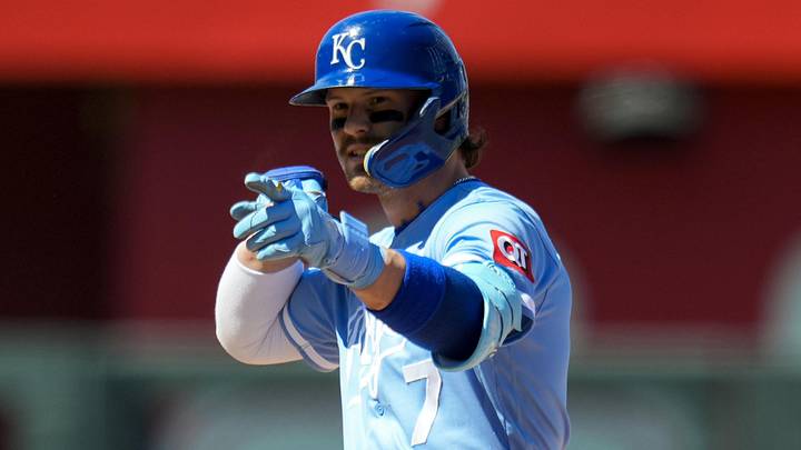May 24, 2026; Kansas City, Missouri, USA; Kansas City Royals shortstop Bobby Witt Jr. (7) gestures to the dugout after hitting a double during the eighth inning against the Seattle Mariners at Kauffman Stadium. Mandatory Credit: Jay Biggerstaff-Imagn Images