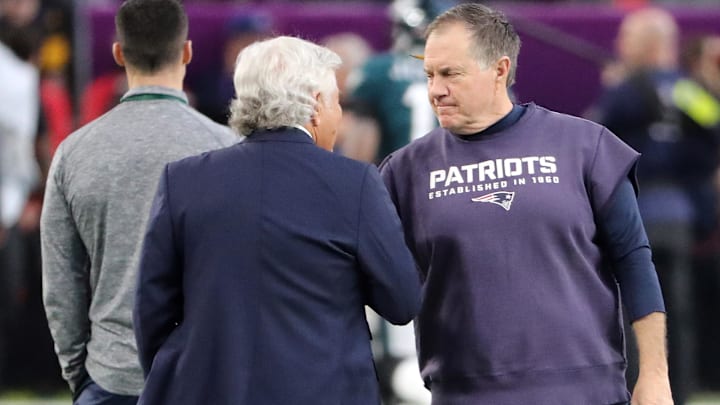 Feb 4, 2018; Minneapolis, MN, USA; New England Patriots owner Robert Kraft (left) and head coach