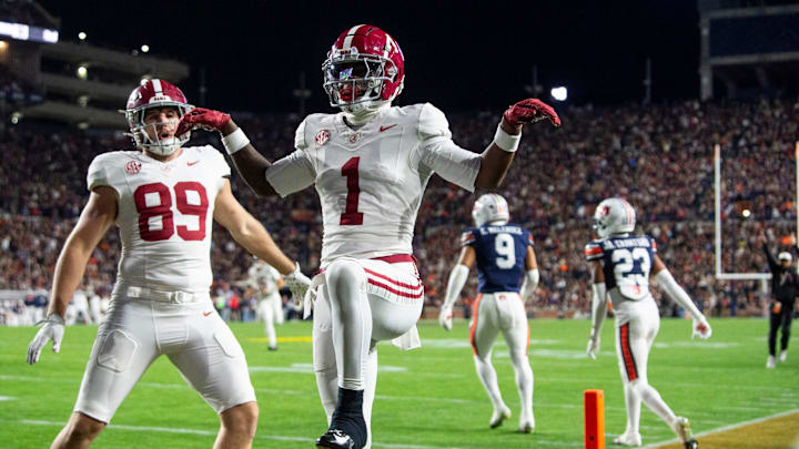 Alabama Crimson Tide wide receiver Isaiah Horton (1) celebrates his touchdown catch as Auburn Tigers take on Alabama Crimson Tide in the Iron Bowl at Jordan-Hare Stadium in Auburn, Ala. on Saturday, Nov. 29, 2025. Alabama Crimson Tide leads Auburn Tigers 17-6.