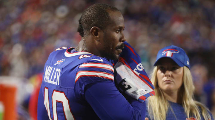 Bills Von Miller cools his head off with water and wipes it off before taking the field at Highmark Stadium in Orchard Park on Sept. 23, 2024.