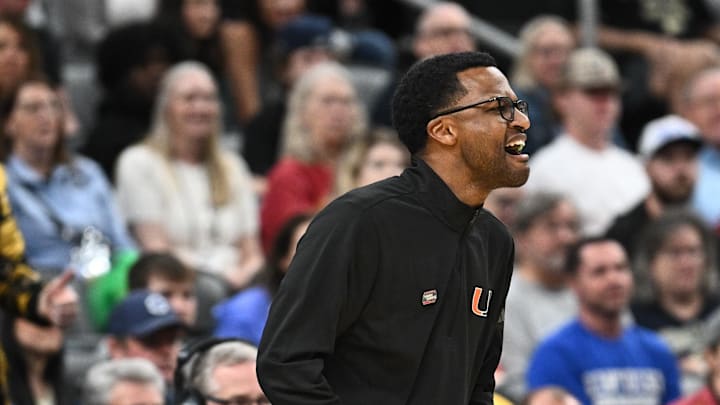Mar 22, 2026; St. Louis, MO, USA; Miami Hurricanes head coach Jai Lucas calls a play during the second half against the Purdue Boilermakers during a second round game of the men's 2026 NCAA Tournament at Enterprise Center. Mandatory Credit: Jeff Le-Imagn Images Mar 22, 2026; St. Louis, MO, USA; Miami Hurricanes head coach Jai Lucas calls a play during the second half against the Purdue Boilermakers during a second round game of the men's 2026 NCAA Tournament at Enterprise Center. Mandatory Credit: Jeff Le-Imagn Images
