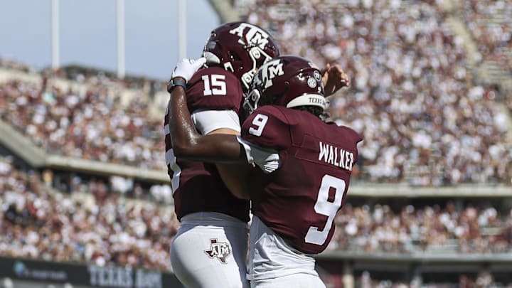 Sep 16, 2023; College Station, Texas, USA; Texas A&M Aggies quarterback Conner Weigman (15) and