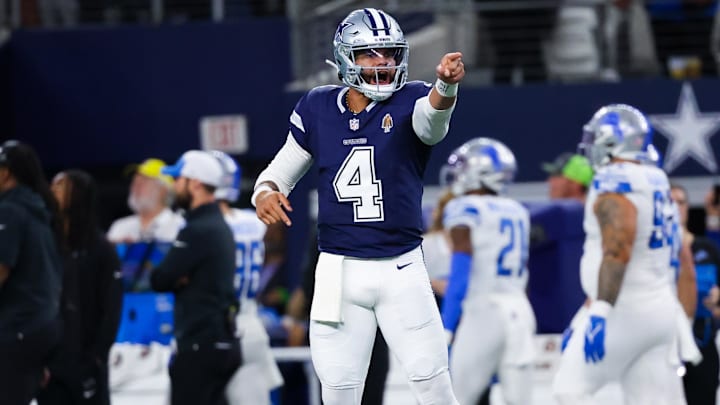 Dec 30, 2023; Arlington, Texas, USA;  Dallas Cowboys quarterback Dak Prescott (4) reacts after