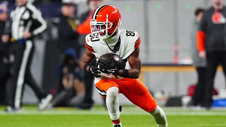 Dec 2, 2024; Denver, Colorado, USA; Cleveland Browns wide receiver Jamari Thrash (80) makes a catch during the second quarter against the Denver Broncos at Empower Field at Mile High. Mandatory Credit: Ron Chenoy-Imagn Images