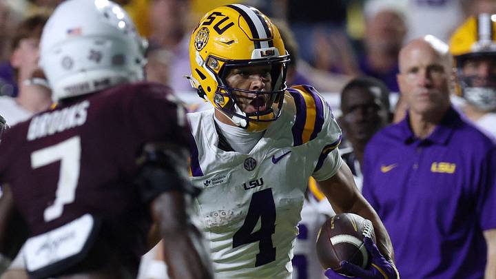 Sep 26, 2026; Baton Rouge, Louisiana, USA; LSU Tigers wide receiver Jackson Harris (4) runs the ball during the third quarter against the Texas A&M Aggies at Tiger Stadium. Mandatory Credit: Stephen Lew-Imagn Images Sep 26, 2026; Baton Rouge, Louisiana, USA; LSU Tigers wide receiver Jackson Harris (4) runs the ball during the third quarter against the Texas A&M Aggies at Tiger Stadium. Mandatory Credit: Stephen Lew-Imagn Images