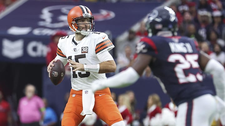 Dec 24, 2023; Houston, Texas, USA; Cleveland Browns quarterback Joe Flacco (15) attempts a pass