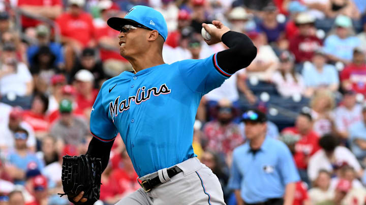 Mar 1, 2024; Clearwater, Florida, USA; Miami Marlins  pitcher Jesus Luzardo (44) throws a pitch in the first inning of the spring training game against the Philadelphia Phillies at BayCare Ballpark