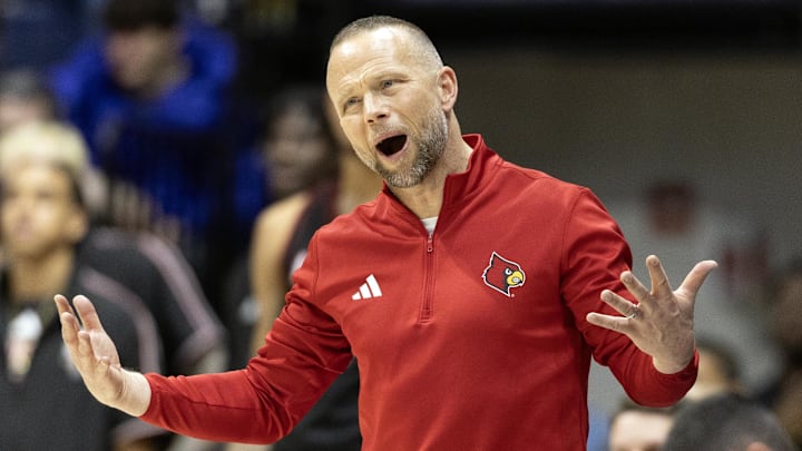 Dec 30, 2025; Berkeley, California, USA; Louisville Cardinals Pat Kelsey reacts to a foul call against his team during the second half against the California Golden Bears at Haas Pavilion. Mandatory Credit: D. Ross Cameron-Imagn Images
