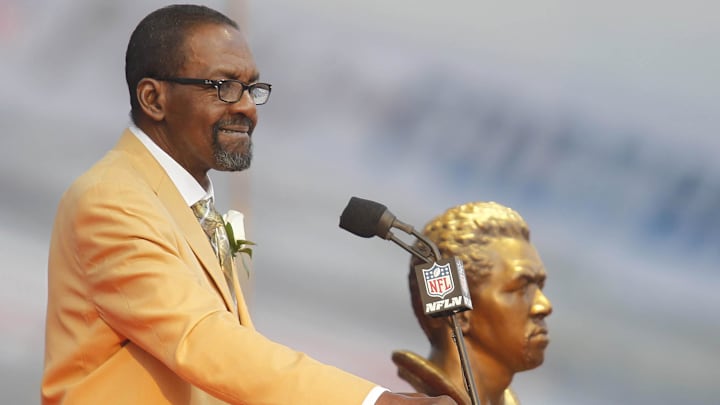Aug 5, 2017; Canton, OH, USA;  Seattle Seahawks former safety Kenny Easley delivers his speech during the Professional Football HOF enshrinement ceremonies at the Tom Benson Hall of Fame Stadium. Mandatory Credit: Charles LeClaire-Imagn Images