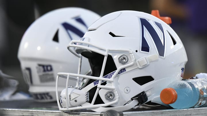 Sep 18, 2021; Durham, North Carolina, USA; A Northwestern Wildcats helmet sits on an equipment chest during the fourth quarter at Wallace Wade Stadium. Mandatory Credit: William Howard-Imagn Images Sep 18, 2021; Durham, North Carolina, USA; A Northwestern Wildcats helmet sits on an equipment chest during the fourth quarter at Wallace Wade Stadium. Mandatory Credit: William Howard-Imagn Images