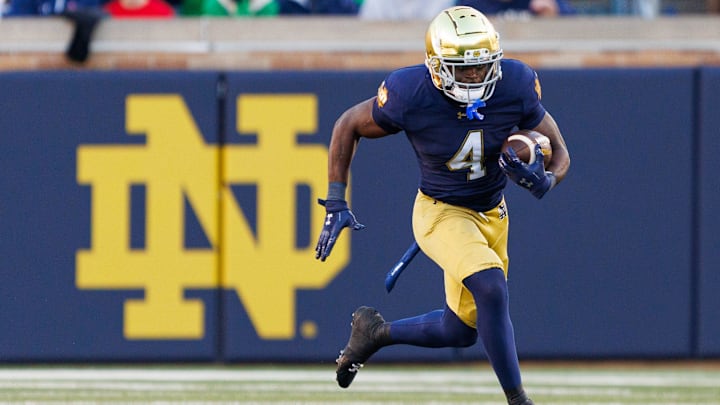 Notre Dame running back Jeremiyah Love runs with the ball in the second half of a NCAA football game against NC State at Notre Dame Stadium on Saturday, Oct. 11, 2025, in South Bend. Notre Dame running back Jeremiyah Love runs with the ball in the second half of a NCAA football game against NC State at Notre Dame Stadium on Saturday, Oct. 11, 2025, in South Bend.