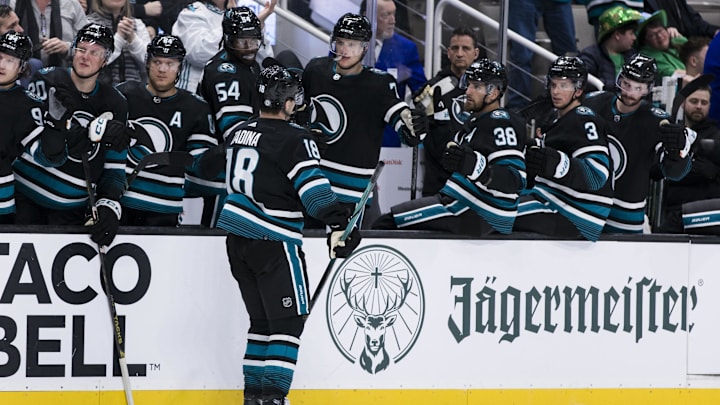 Mar 5, 2024; San Jose, California, USA; San Jose Sharks right wing Filip Zadina (18) celebrates with
