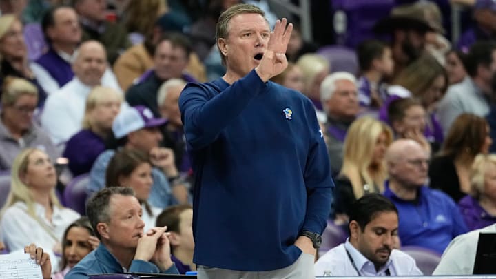 Jan 22, 2025; Fort Worth, Texas, USA; Kansas Jayhawks head coach Bill Self calls a play against the TCU Horned Frogs during the first half at Ed and Rae Schollmaier Arena. Mandatory Credit: Chris Jones-Imagn Images