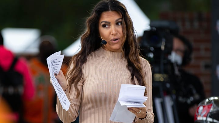 Sports commentator Molly Qerim Rose speaks to the crowd during a live taping of ESPN's "First Take" at Florida A&M University. Sports commentator Molly Qerim Rose speaks to the crowd during a live taping of ESPN's "First Take" at Florida A&M University.