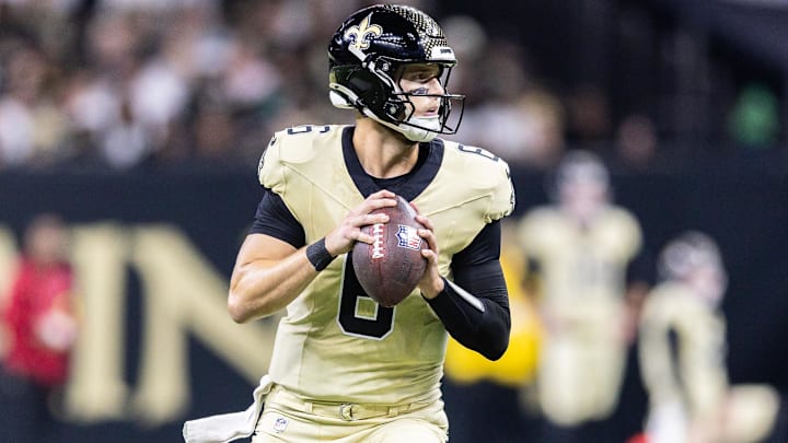 Dec 21, 2025; New Orleans, Louisiana, USA;  New Orleans Saints quarterback Tyler Shough (6)  drops back to pass against the New York Jets during the first half  at Caesars Superdome. Mandatory Credit: Stephen Lew-Imagn Images