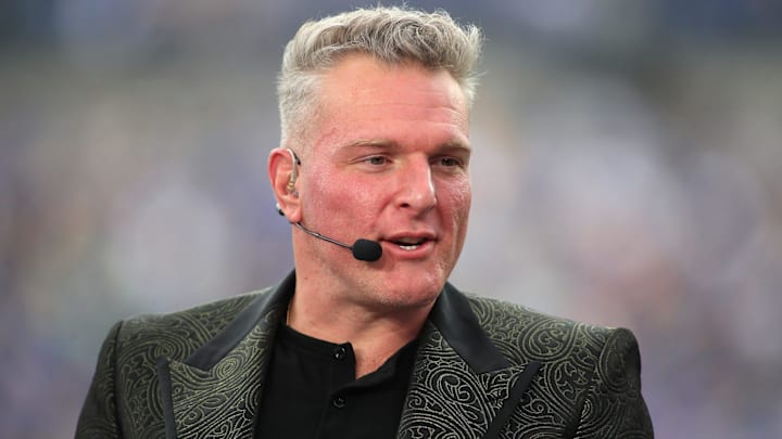ESPN analyst Pat McAfee broadcasts live from the sidelines of Acrisure Stadium in Pittsburgh, PA prior to the start of the Pittsburgh Panthers vs Notre Dame Fighting Irish game on November 15, 2025.