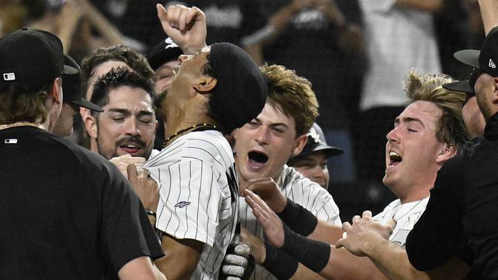 Jun 9, 2026: Chicago White Sox right fielder Braden Montgomery (24) celebrates with teammates  after his walk off two run home run during the tenth inning against the Atlanta Braves at Rate Field. 