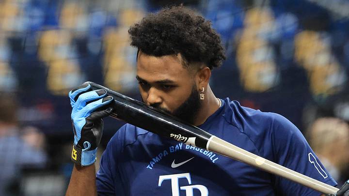 Oct 26, 2026; St. Petersburg, Florida, USA;  Tampa Bay Rays third baseman Junior Caminero (13) warms up before game three of the 2026 World Series against the Milwaukee Brewers at Tropicana Field.  Mandatory Credit: Kim Klement Neitzel-Imagn Images