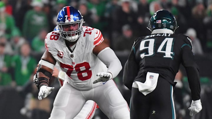 Dec 25, 2023; Philadelphia, Pennsylvania, USA; New York Giants offensive tackle Andrew Thomas (78) against the Philadelphia Eagles at Lincoln Financial Field. Mandatory Credit: Eric Hartline-Imagn Images