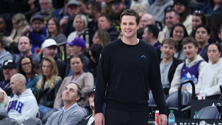 Jan 20, 2026; Salt Lake City, Utah, USA; Utah Jazz head coach Will Hardy reacts after a play against the Minnesota Timberwolves during the second half at Delta Center. Mandatory Credit: Rob Gray-Imagn Images